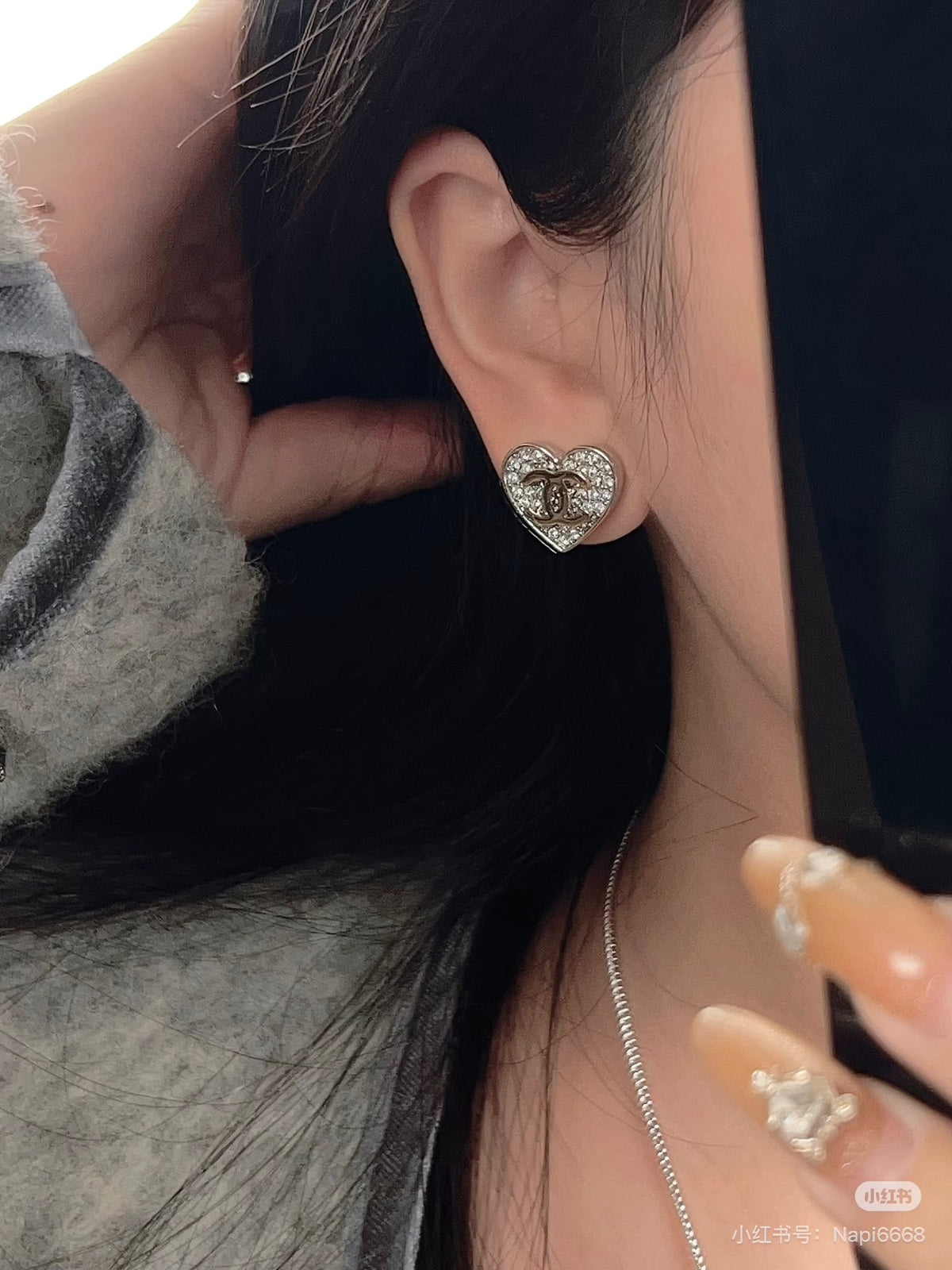 Double-C Emblem Crystal-Accent Stud Earrings – Heart Detail – Design 004 front product view