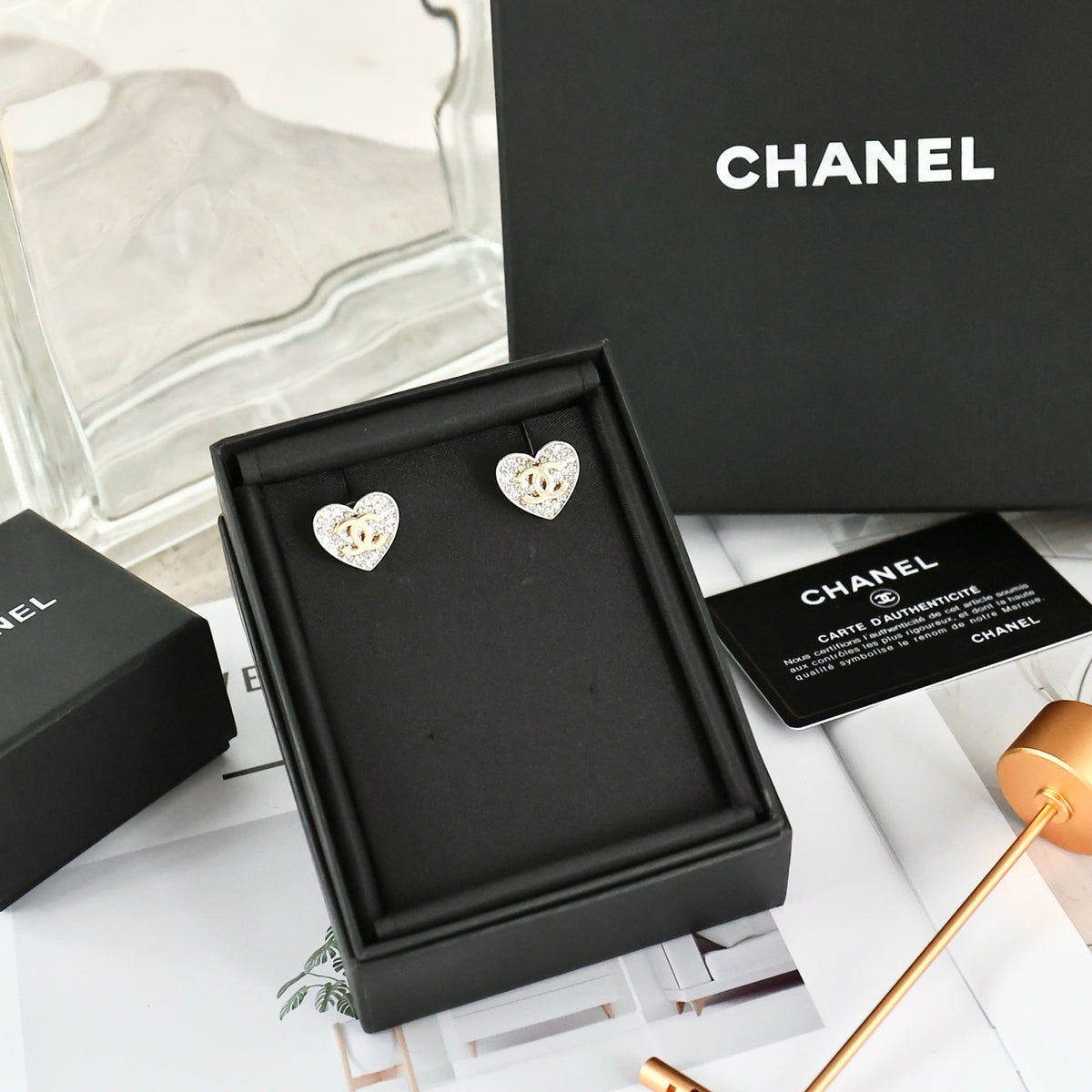Double-C Emblem Crystal-Accent Stud Earrings – Heart Detail – Design 004 close-up detail