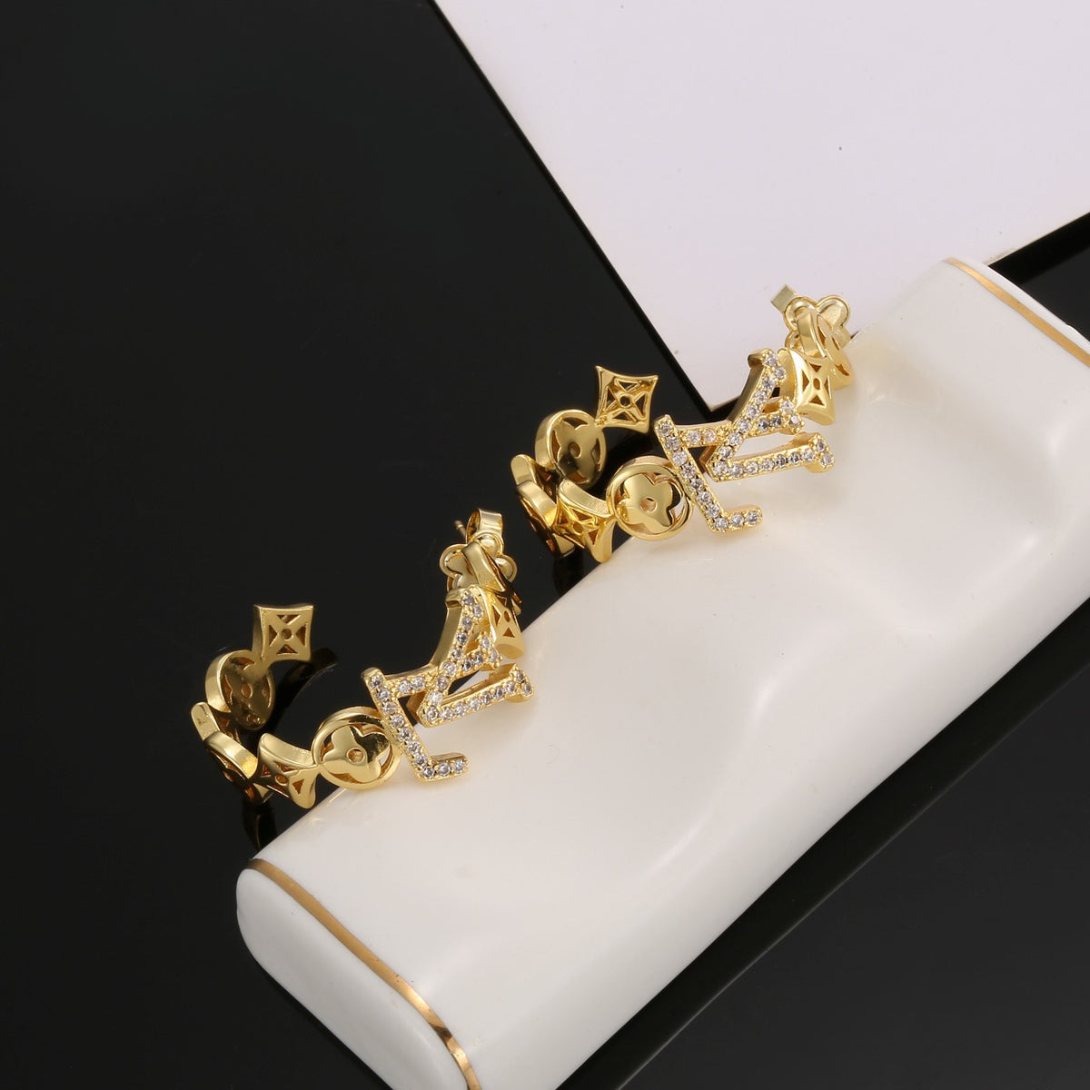 Geometric Emblem Stud Earrings in Polished Metal-Tone – Design 039 styled product view