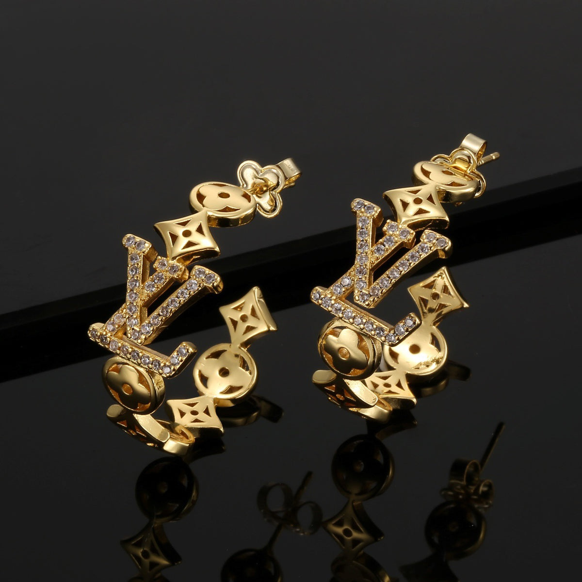 Geometric Emblem Stud Earrings in Polished Metal-Tone – Design 034 main product view