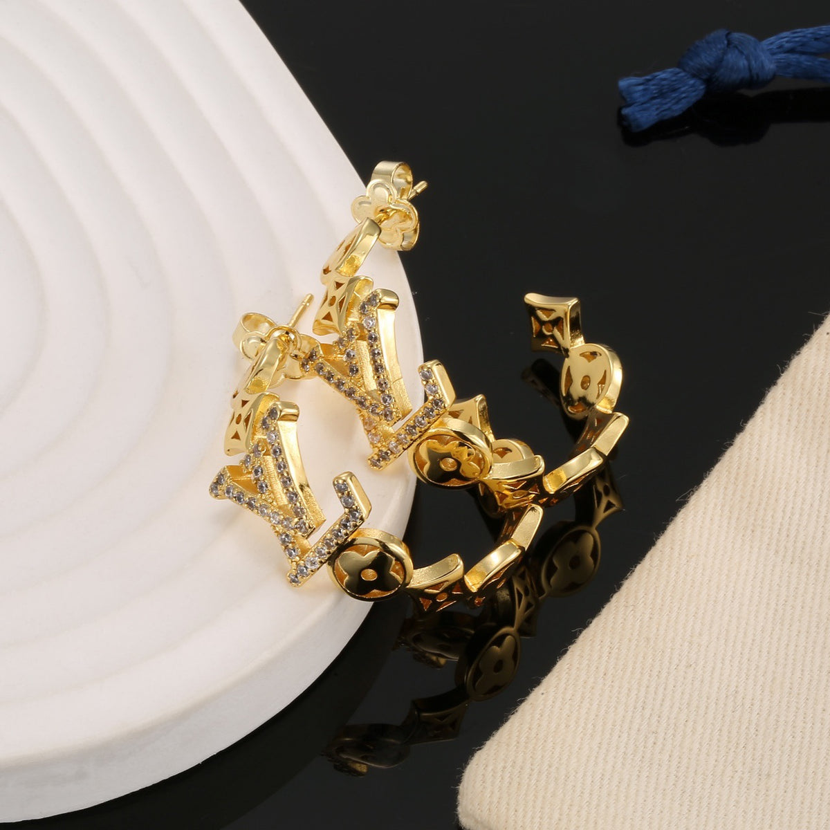 Geometric Emblem Stud Earrings in Polished Metal-Tone – Design 004 close-up detail