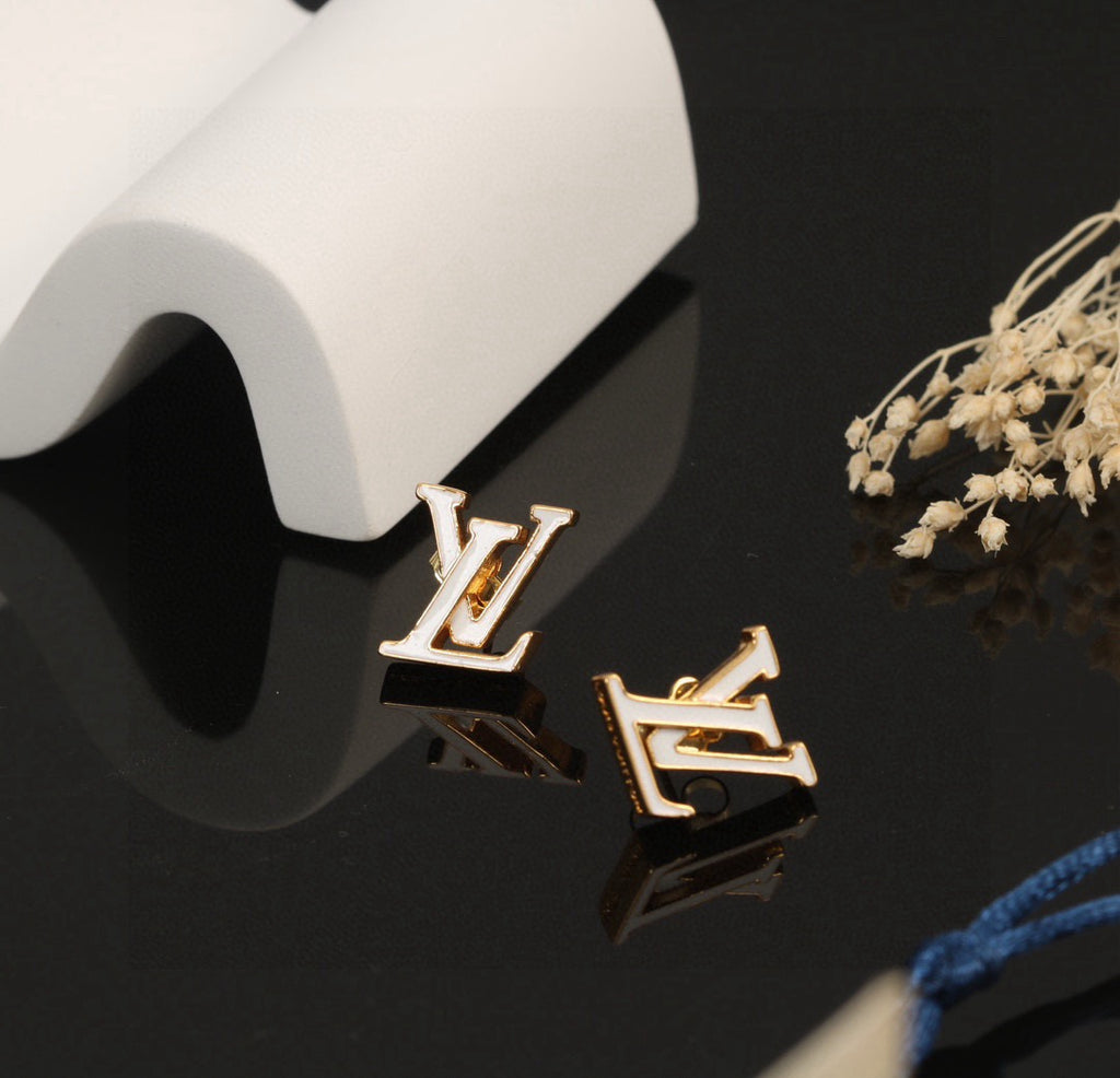 Letter Emblem Stud Earrings in Polished Metal-Tone – Design 033 main product view