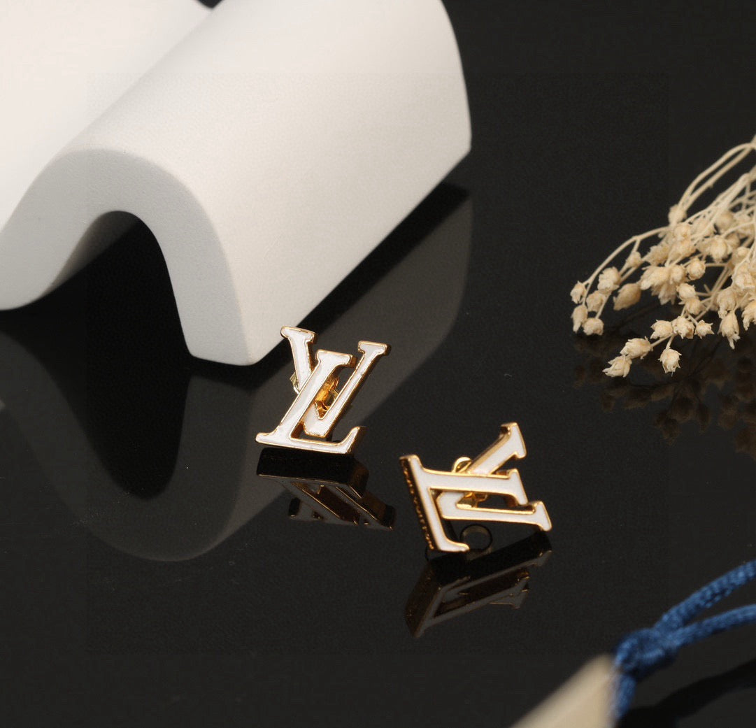 Letter Emblem Stud Earrings in Polished Metal-Tone – Design 033 main product view