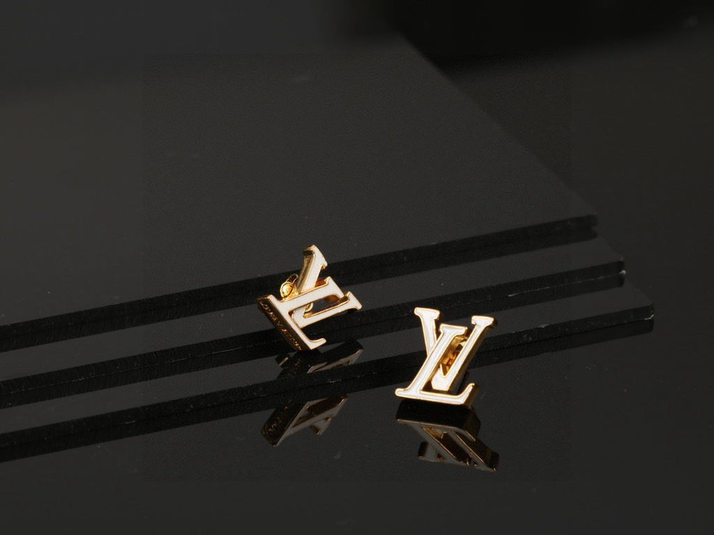 Letter Emblem Stud Earrings in Polished Metal-Tone – Design 007 front product view