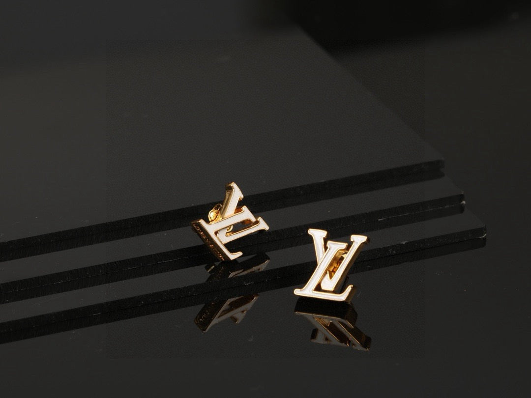 Letter Emblem Stud Earrings in Polished Metal-Tone – Design 035 front product view