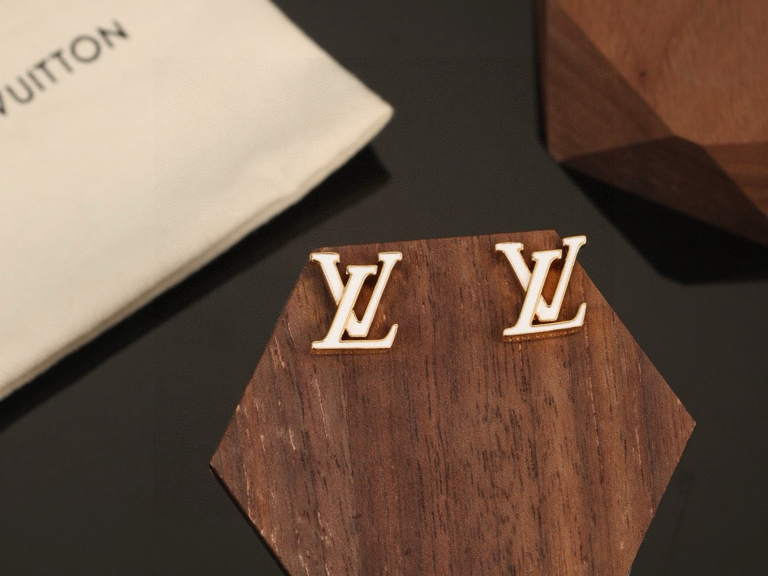 Letter Emblem Stud Earrings in Polished Metal-Tone – Design 007 detail view
