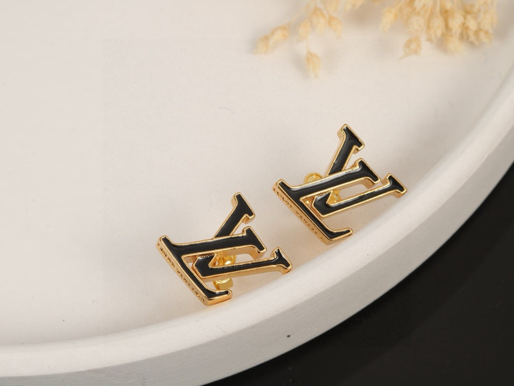 Letter Emblem Stud Earrings in Polished Metal-Tone – Design 033 detail view