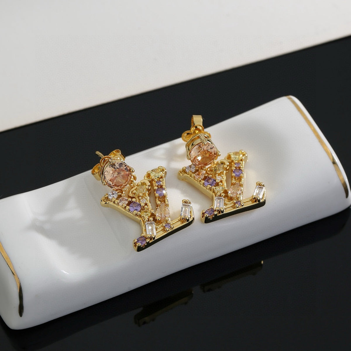 Letter Emblem Stud Earrings in Polished Metal-Tone – Design 034 side detail