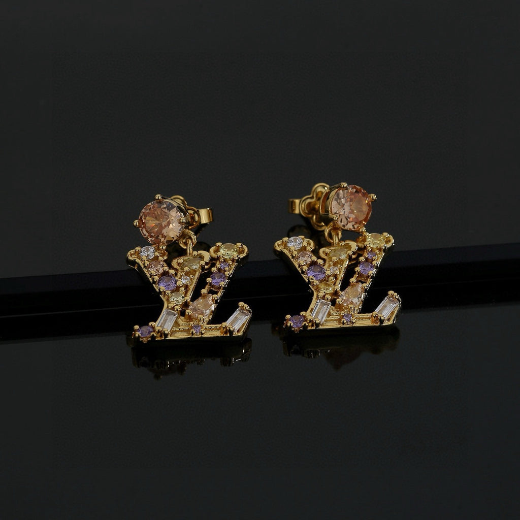 Letter Emblem Stud Earrings in Polished Metal-Tone – Design 032 detail view