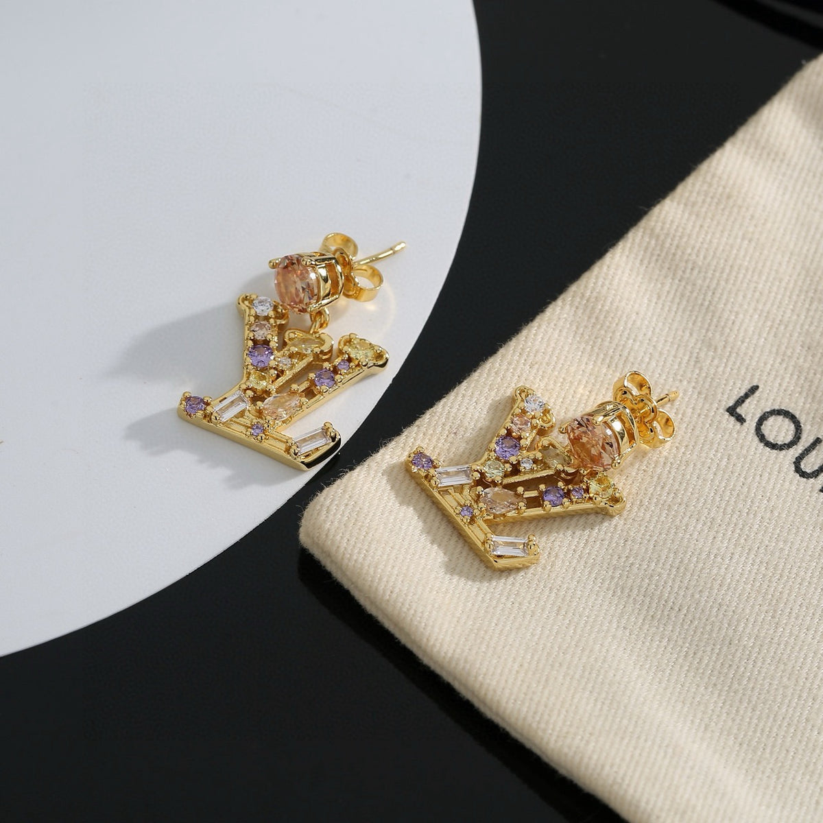 Letter Emblem Stud Earrings in Polished Metal-Tone – Design 032 main product view