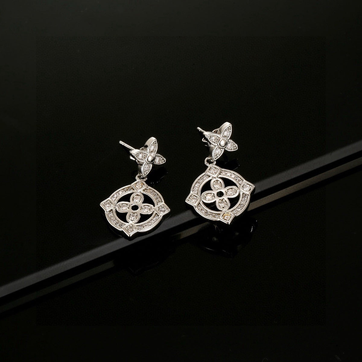 Floral Stud Earrings in Polished Metal-Tone – Design 003 side detail