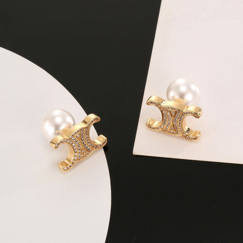 Signature Emblem Stud Earrings in Gold-Tone – Design 09 front view