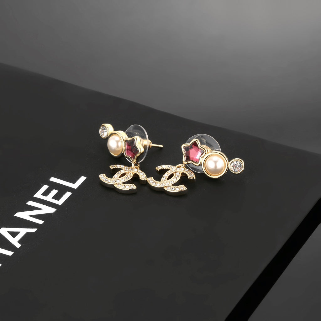 Double-C Emblem Stud Earrings in Gold-Tone – Star Detail – Design 003 styled product view