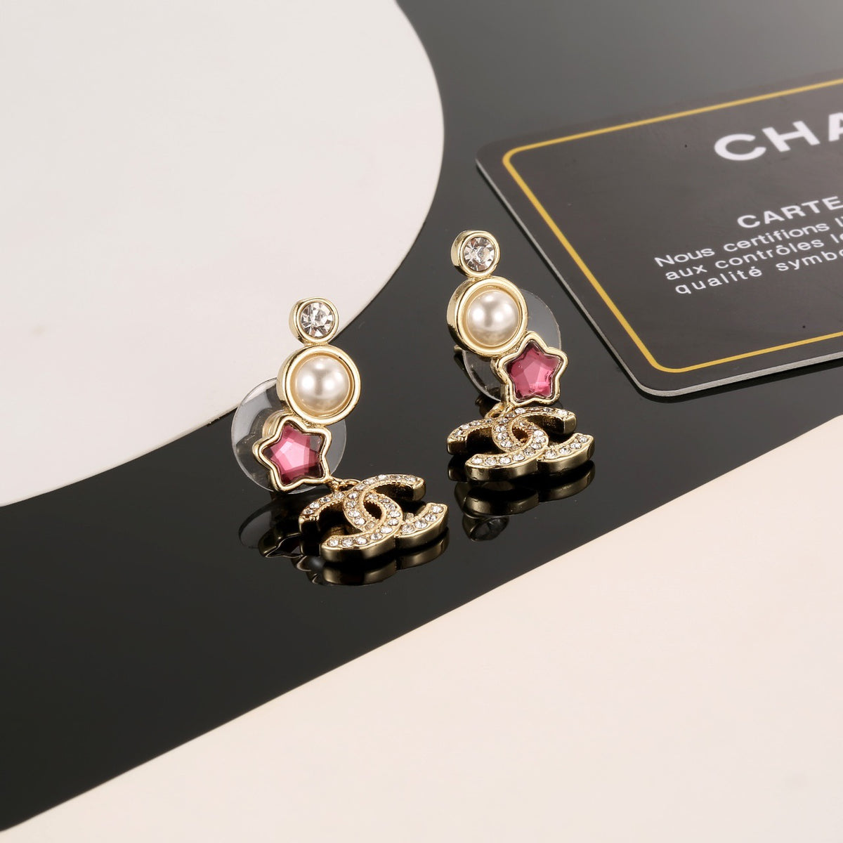 Double-C Emblem Stud Earrings in Gold-Tone – Star Detail – Design 008 front product view