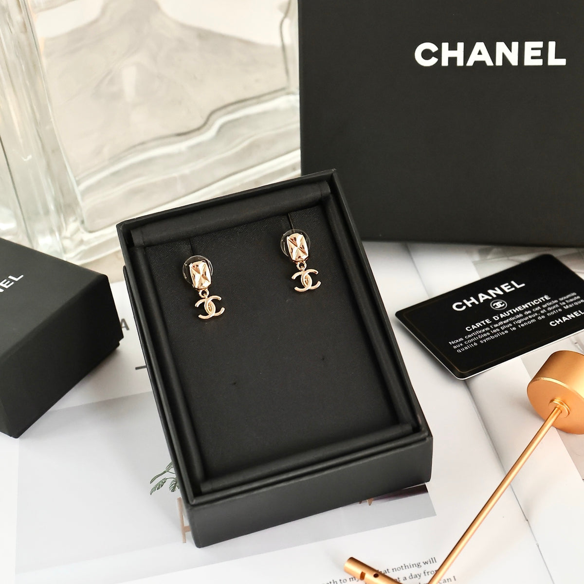 Double-C Emblem Statement Earrings in Polished Metal-Tone – Design 050 styled product view