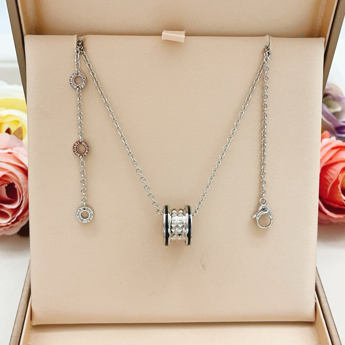 Geometric Emblem Pendant Necklace in Silver-Tone – Design 003 front product view