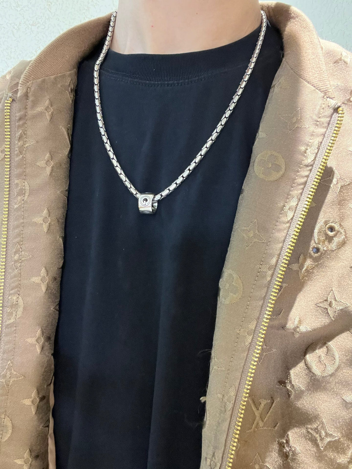 Double-G Emblem Pendant Necklace in Polished Metal-Tone – Vintage Detail – Design 016 styled product view