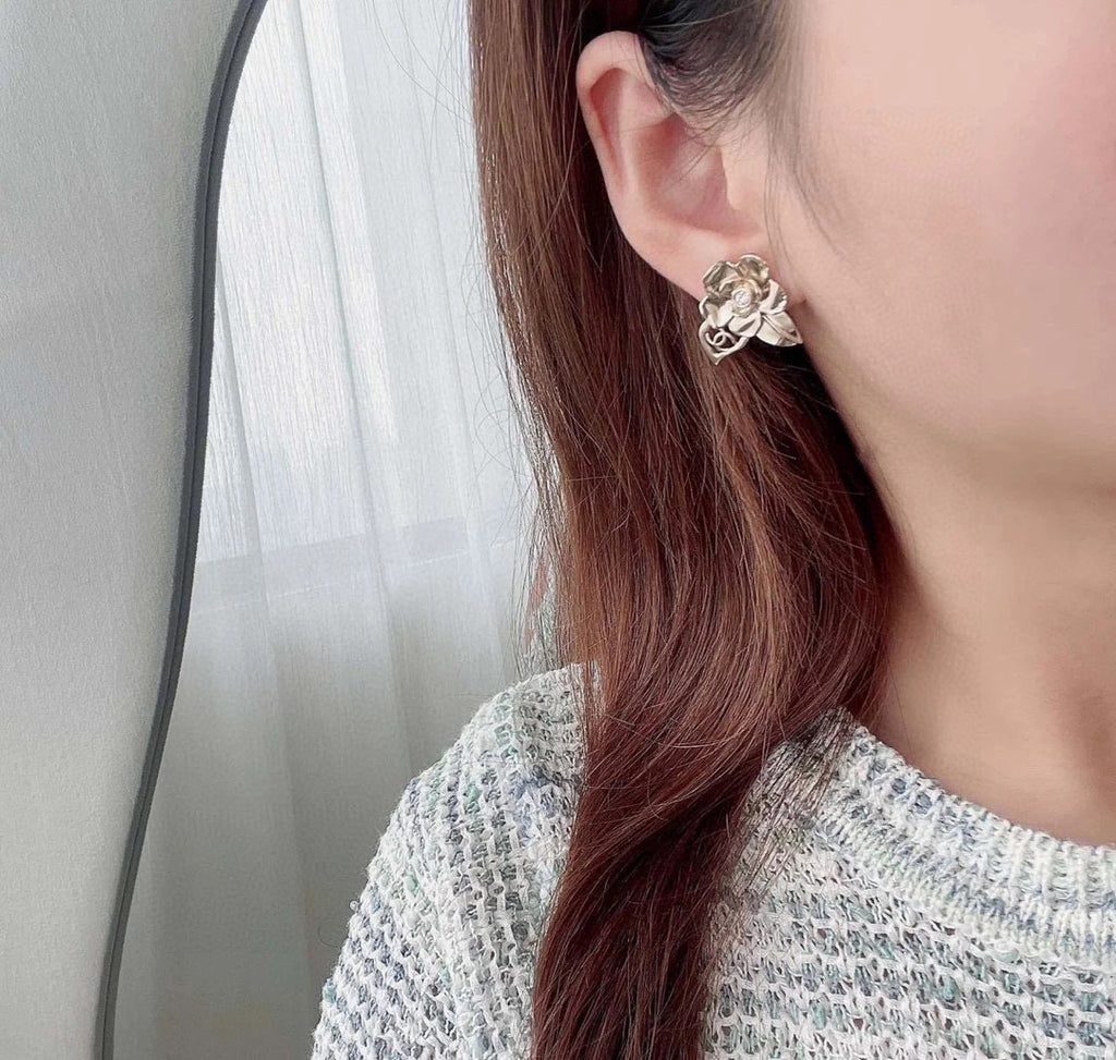 Camellia Stud Earrings in Gold-Tone – Camellia Detail – Design 009 styled product view