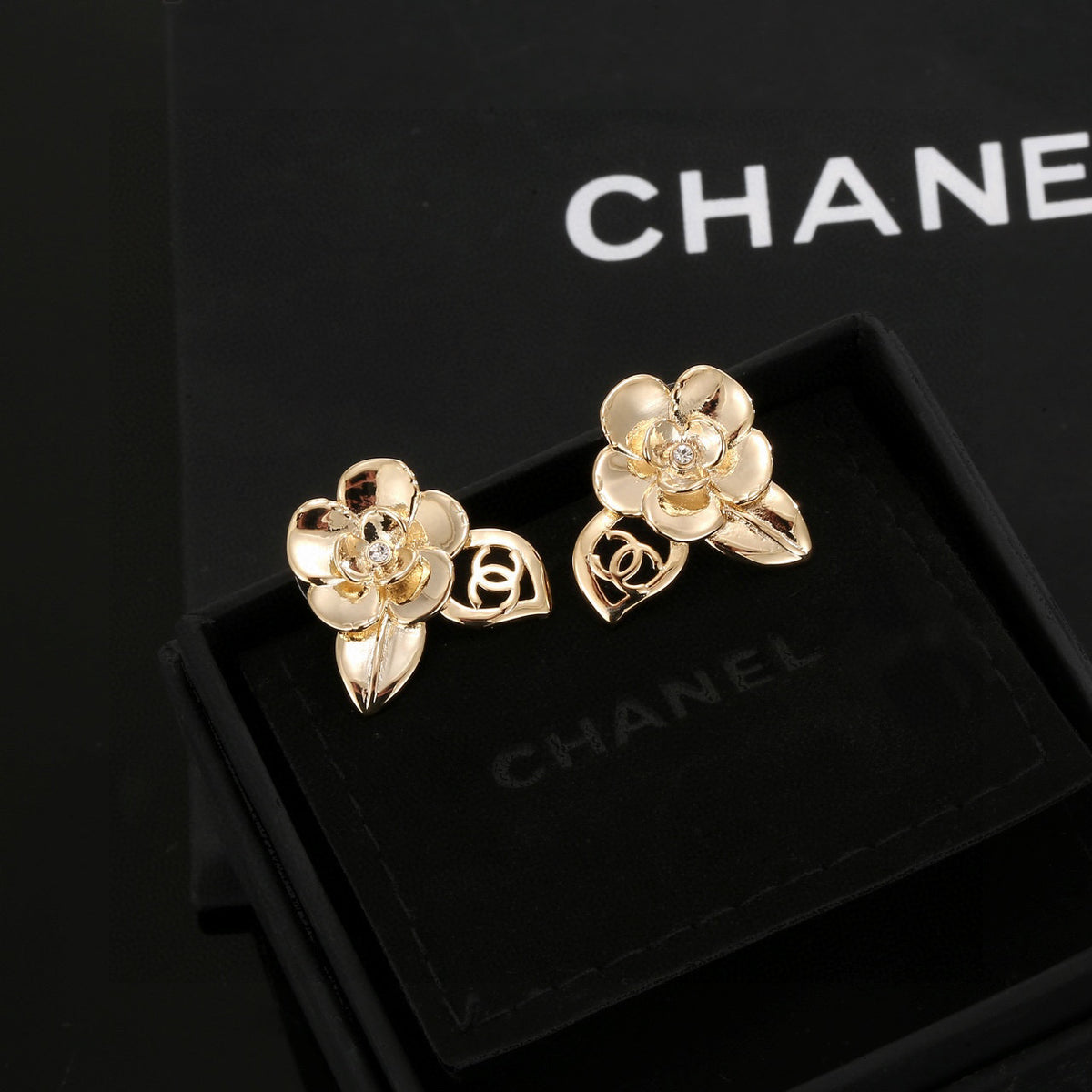 Camellia Stud Earrings in Gold-Tone – Camellia Detail – Design 005 front product view