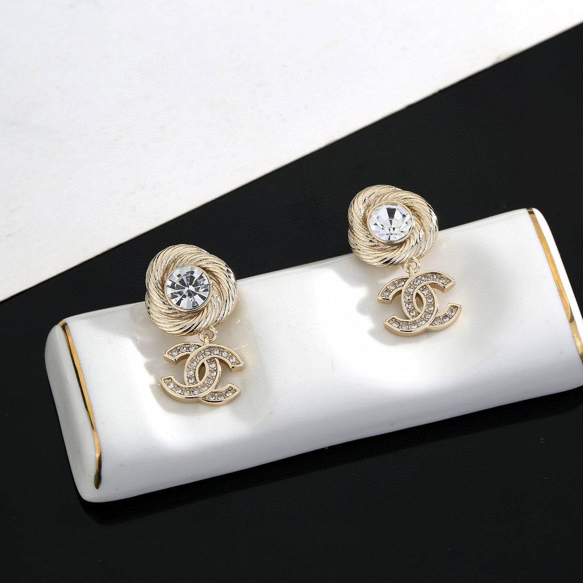Double-C Emblem Stud Earrings in Gold-Tone – Design 013 side detail