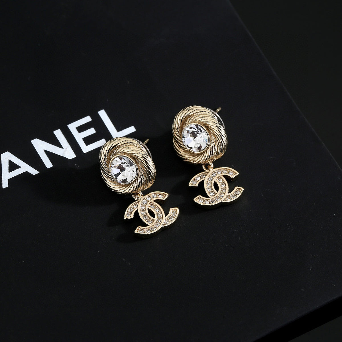 Double-C Emblem Stud Earrings in Gold-Tone – Design 013 front product view