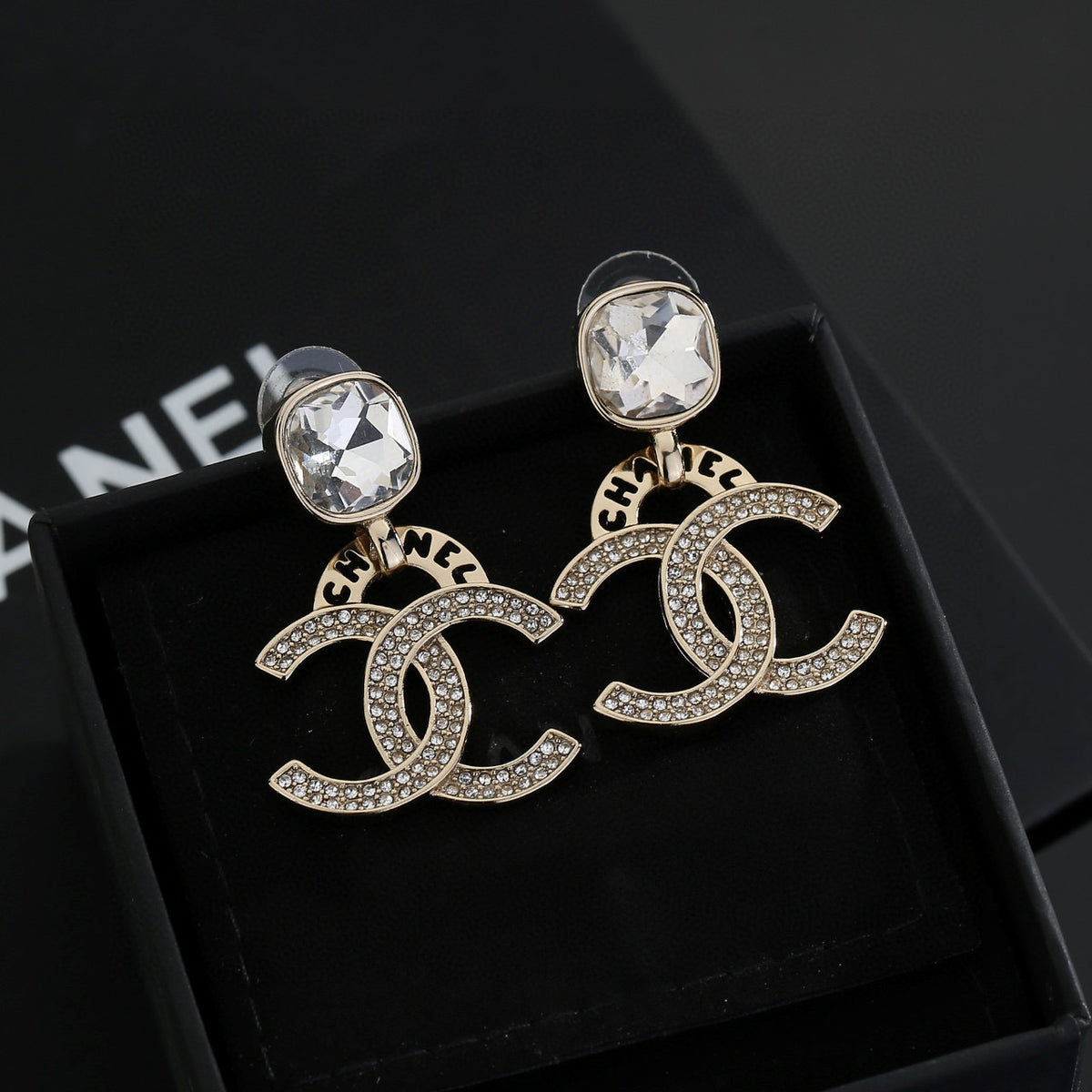 Double-C Emblem Stud Earrings in Gold-Tone – Design 034 front product view