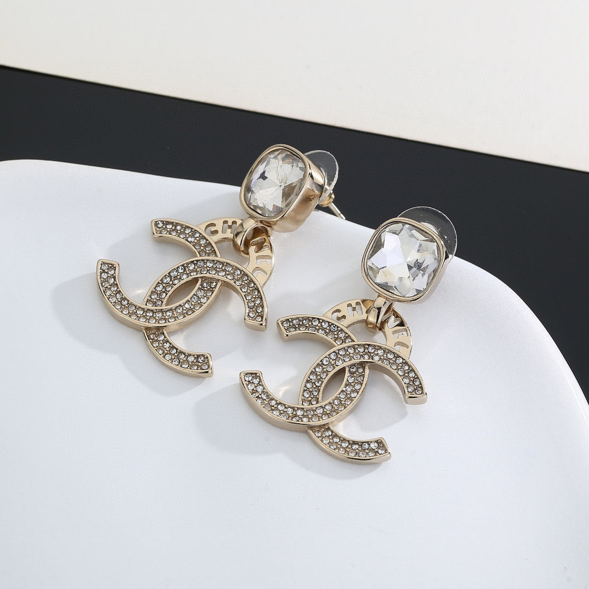 Double-C Emblem Stud Earrings in Gold-Tone – Design 034 styled product view