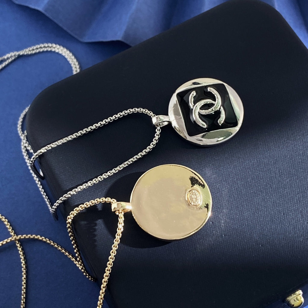 Double-C Emblem Pendant Necklace in Gold-Tone – Black Detail – Design 002 main product view
