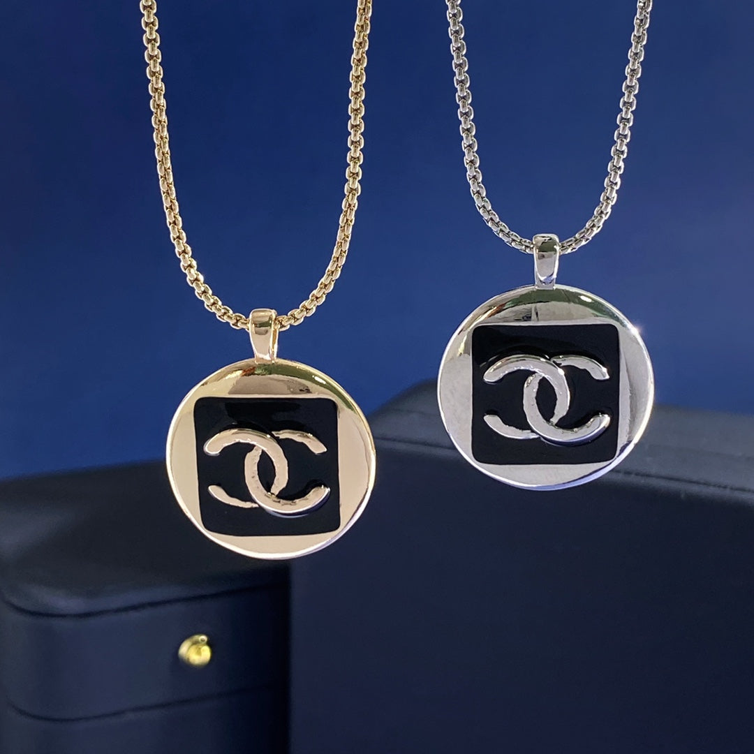 Double-C Emblem Pendant Necklace in Gold-Tone – Black Detail – Design 002 main product view