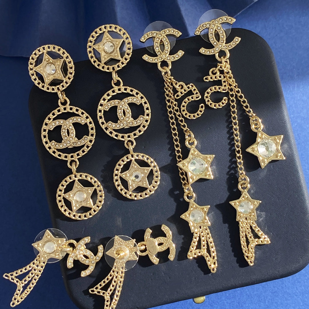 Double-C Emblem Crystal-Accent Stud Earrings – Star Detail – Design 004 detail view