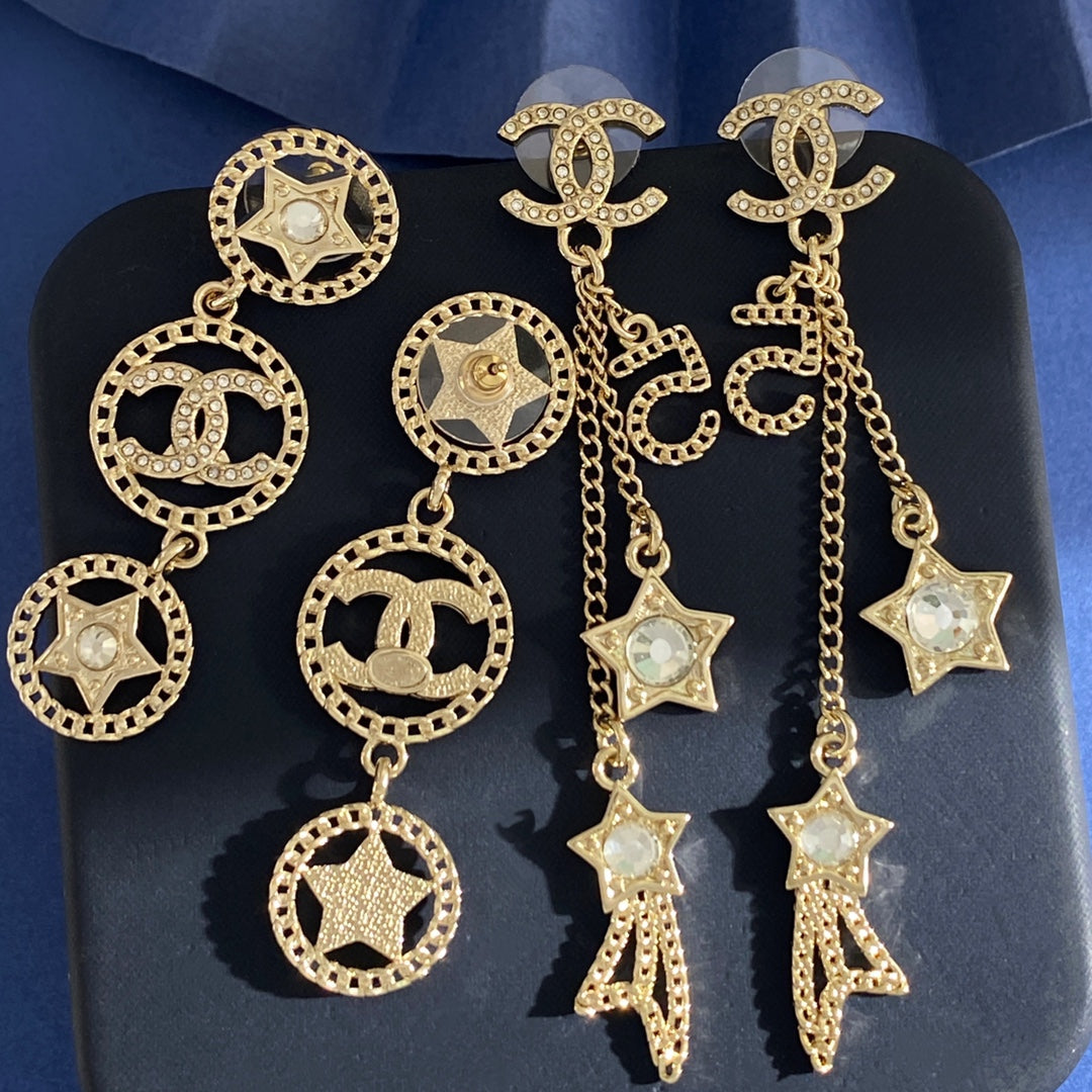 Double-C Emblem Crystal-Accent Stud Earrings – Star Detail – Design 004 detail view