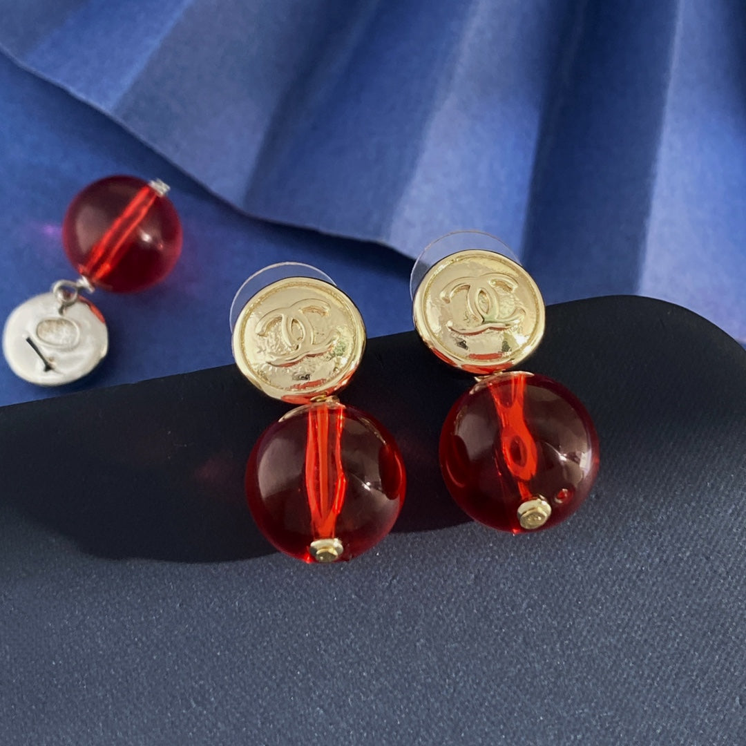 Double-C Emblem Stud Earrings in Silver-Tone – Red Detail main product view