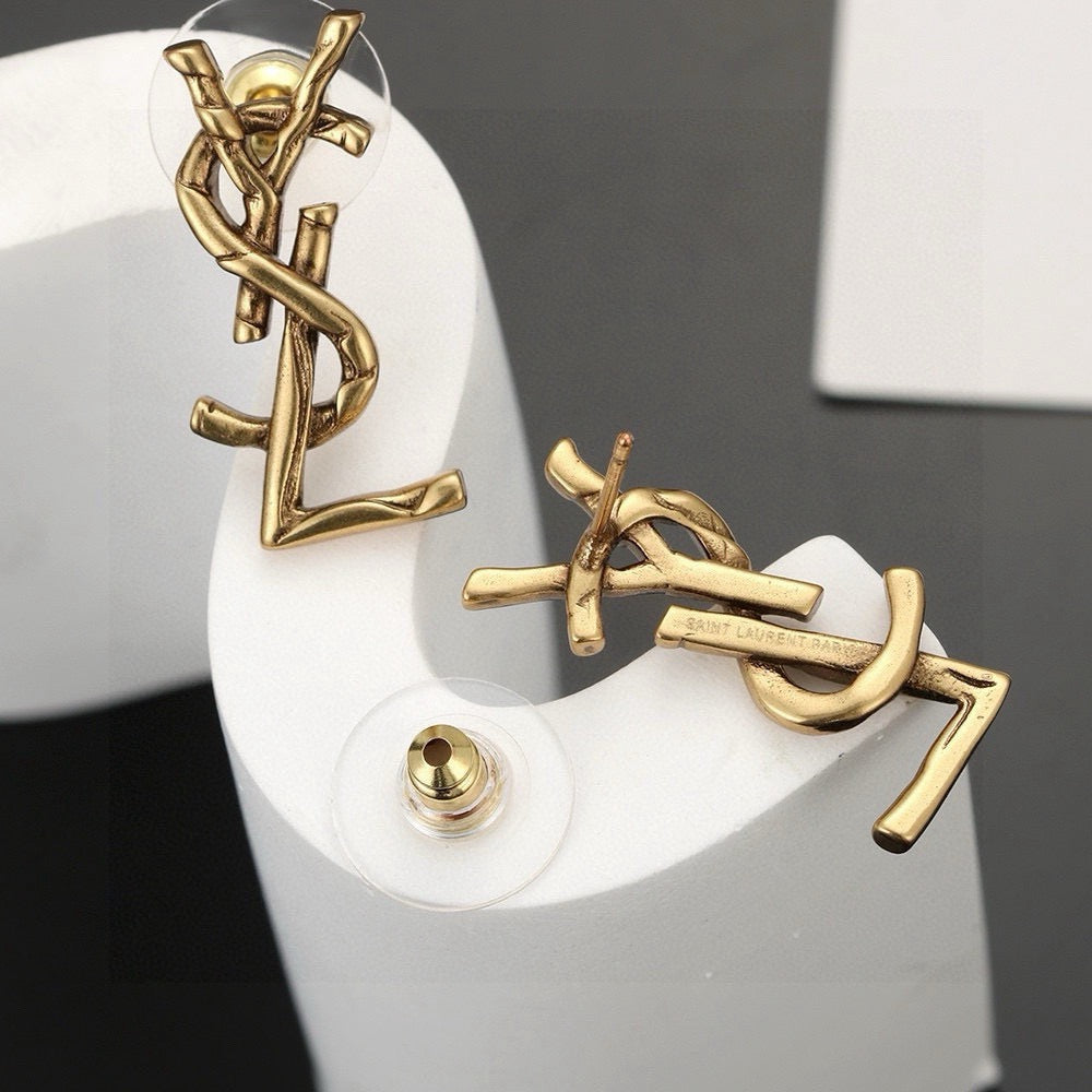 Geometric Emblem Stud Earrings in Gold-Tone – Design 002 front product view