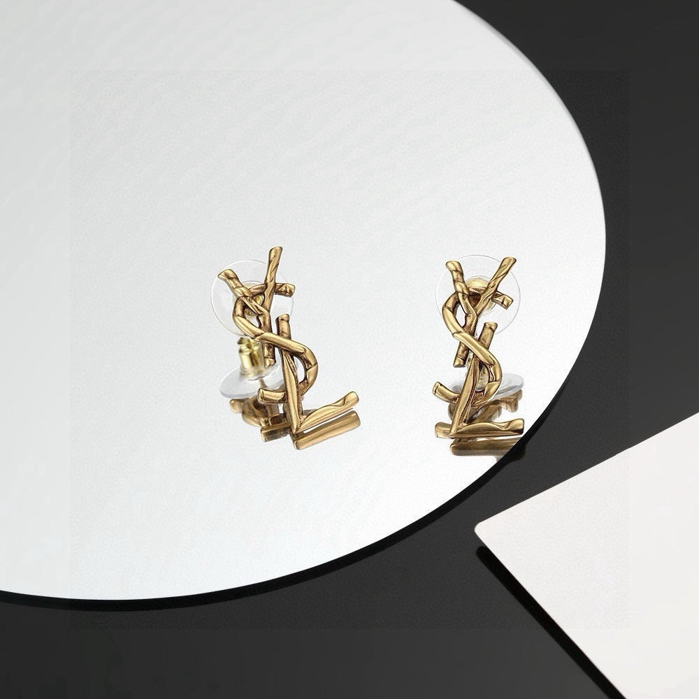 Geometric Emblem Stud Earrings in Gold-Tone – Design 002 styled product view