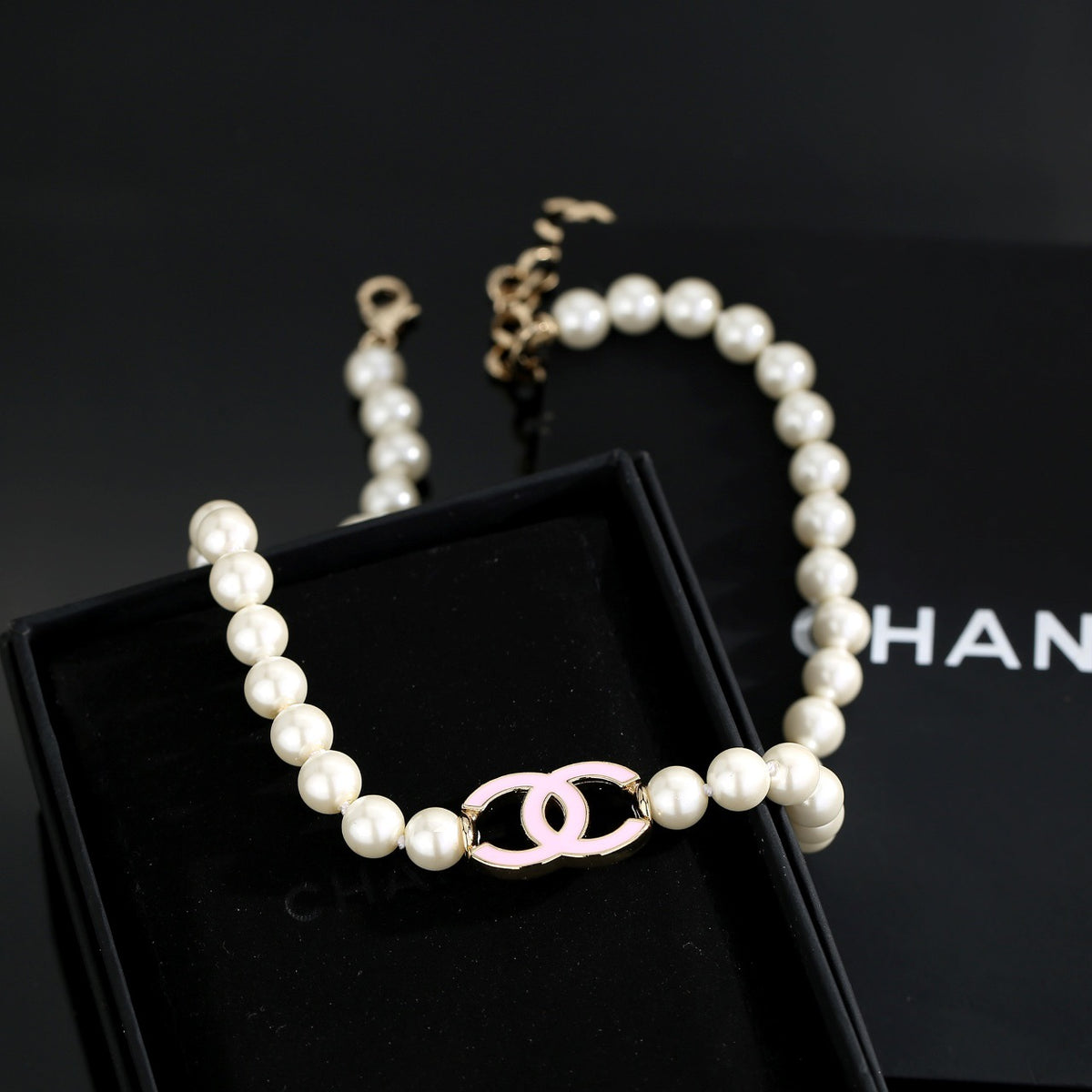 Double-C Emblem Pearl-Detail Pendant Necklace – Pearl Detail – Design 102 front product view