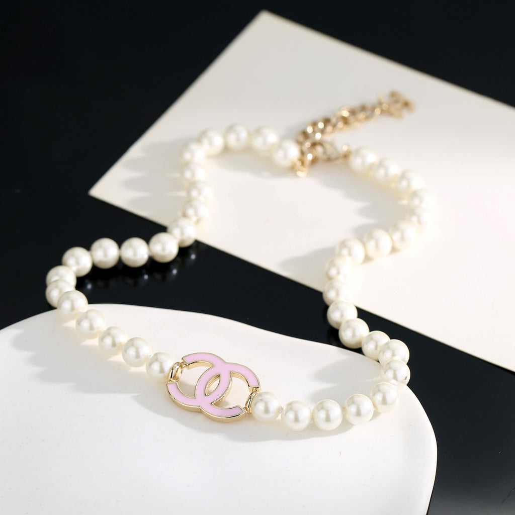 Double-C Emblem Pearl-Detail Pendant Necklace – Pearl Detail – Design 037 main product view