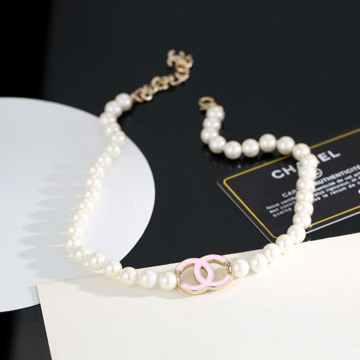 Double-C Emblem Pearl-Detail Pendant Necklace – Pearl Detail – Design 037 front product view