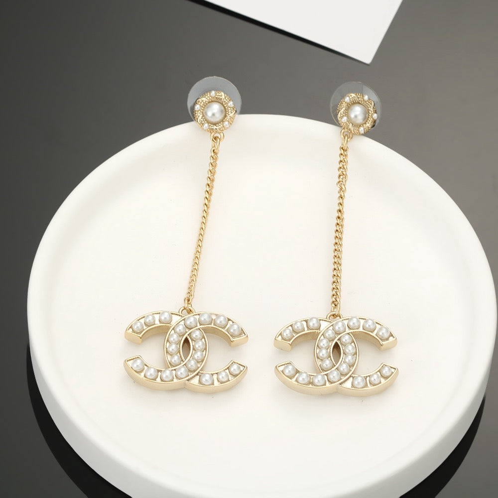 Double-C Emblem Pearl-Detail Stud Earrings – Pearl Detail – Design 005 front product view