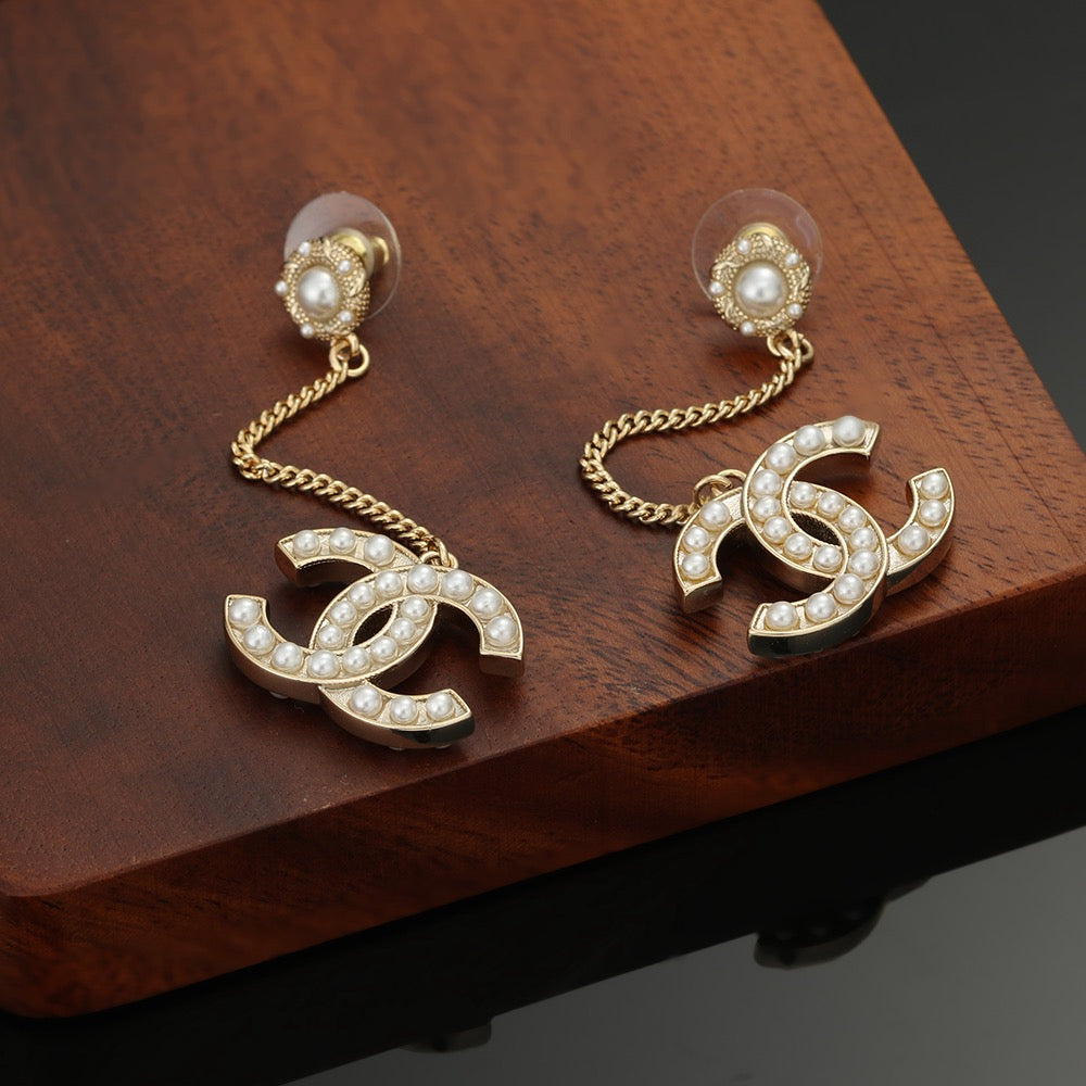 Double-C Emblem Pearl-Detail Stud Earrings – Pearl Detail – Design 005 styled product view