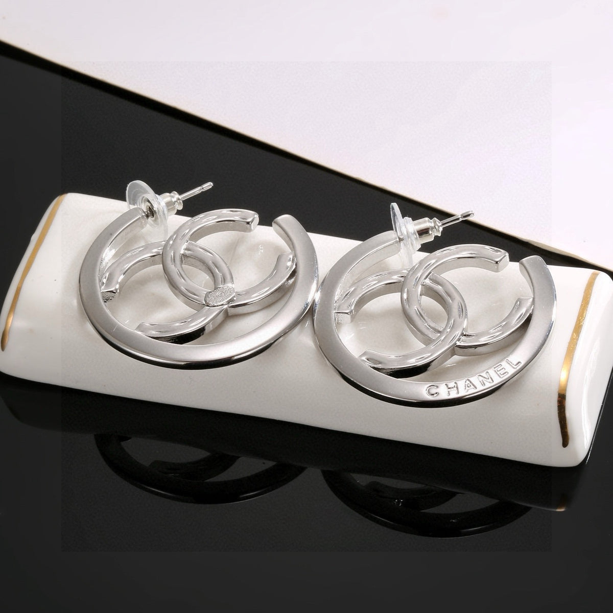 Letter Stud Earrings in Silver-Tone – Design 004 front product view
