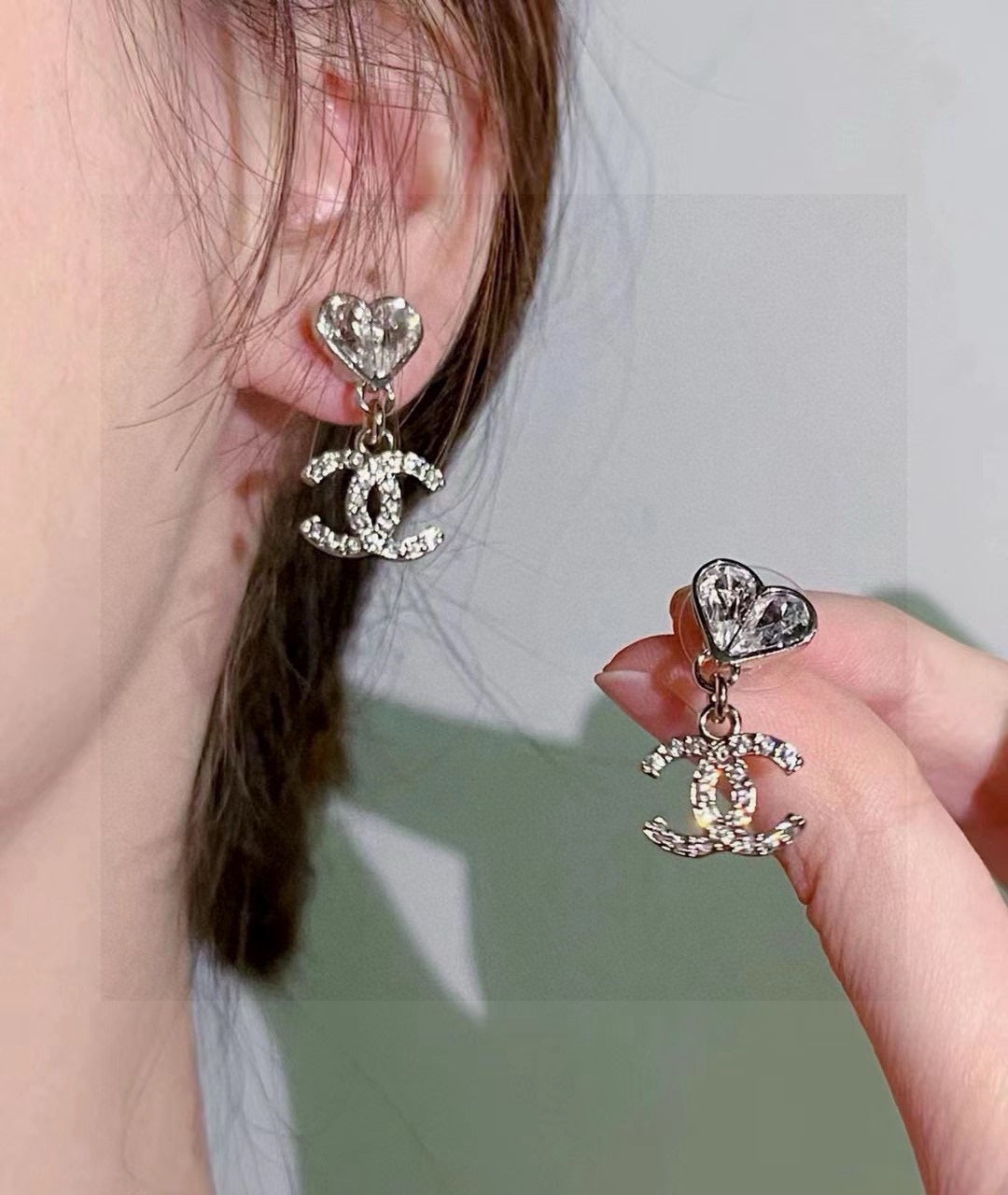 Double-C Emblem Stud Earrings in Polished Metal-Tone – Design 176 styled product view