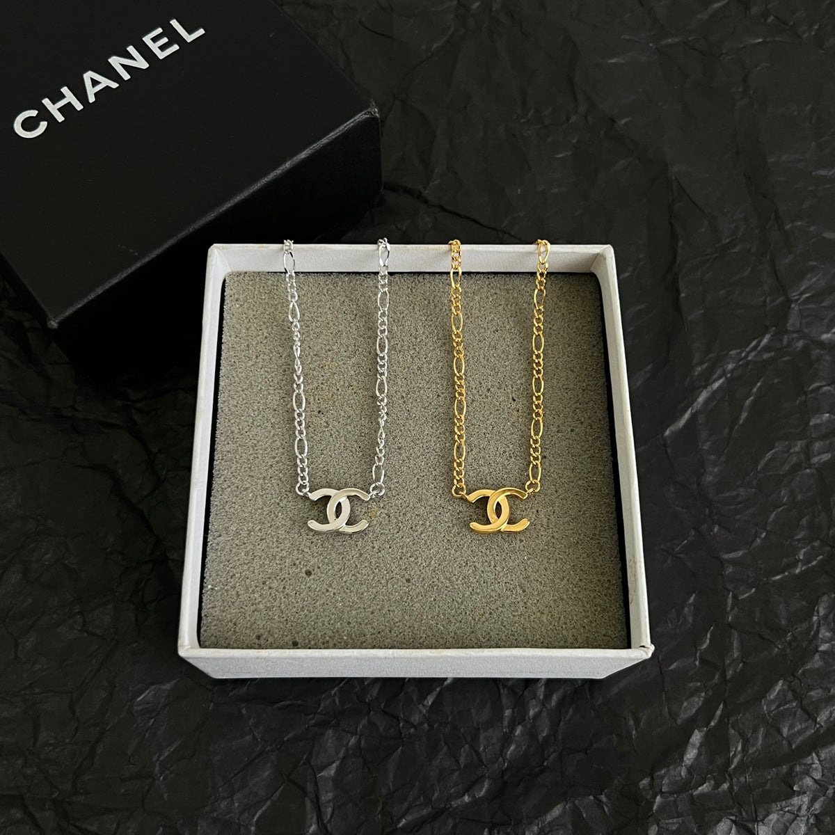 Double-C Emblem Pendant Necklace in Polished Metal-Tone – Design 066 detail view