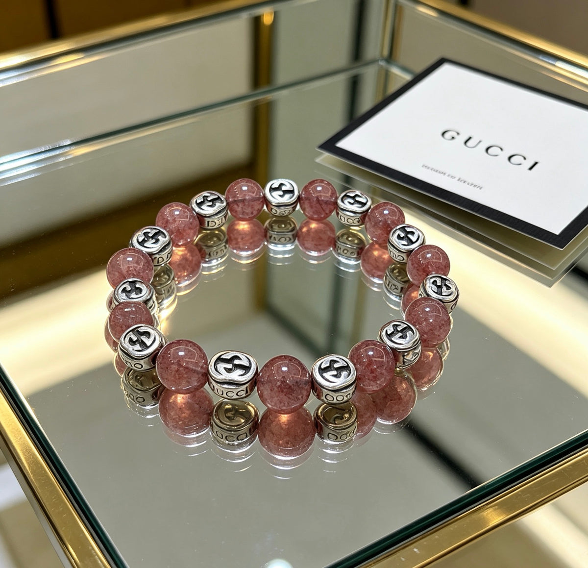 Double-G Emblem Beaded Bracelet in Polished Metal-Tone – Agate Detail – Design 013 side detail