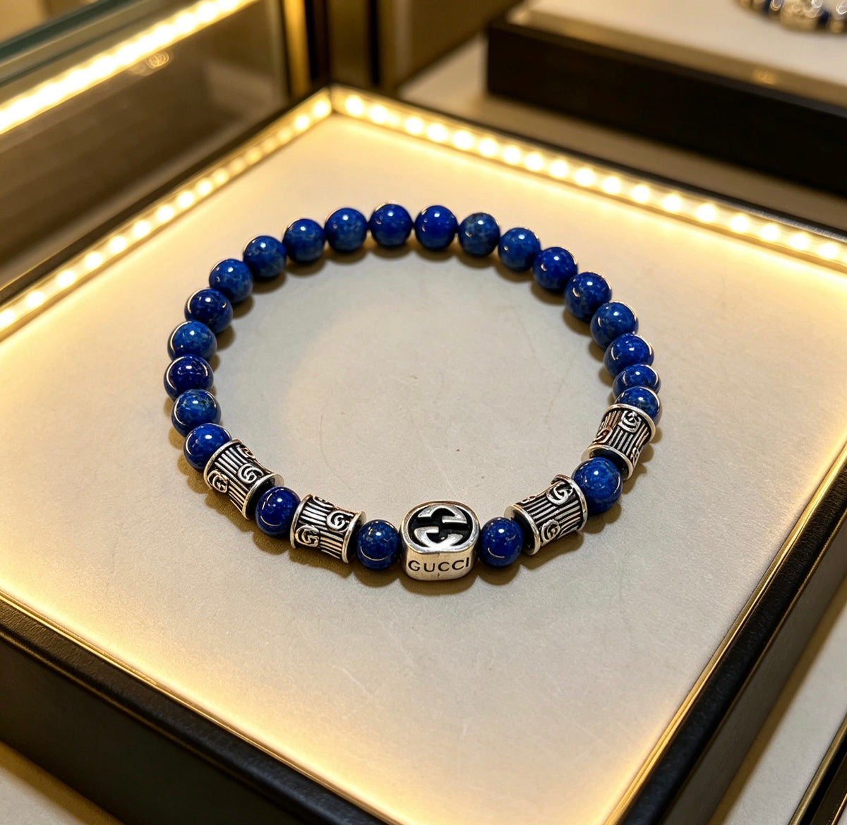 Double-G Emblem Beaded Bracelet in Polished Metal-Tone – Crystal Detail – Design 009 front product view