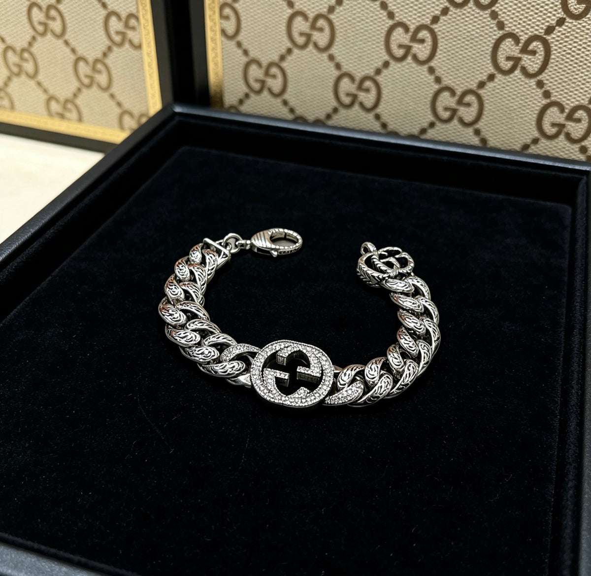 Geometric Emblem Bracelet in Polished Metal-Tone – Design 095 close-up detail