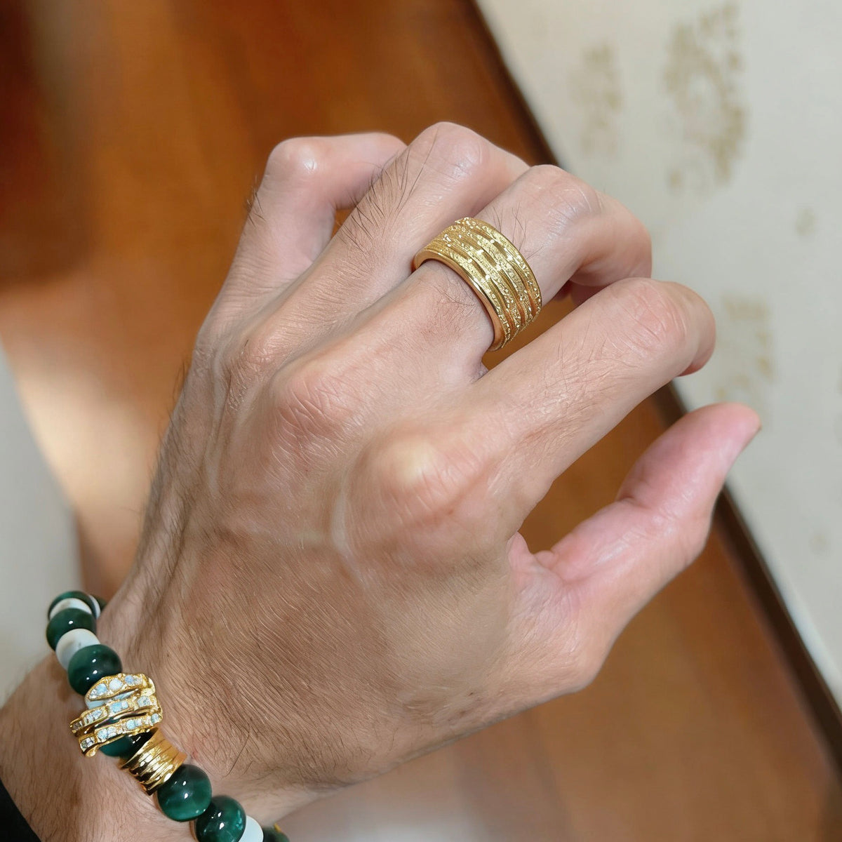 Geometric Emblem Statement Ring in Gold-Tone – Gold Detail – Design 002 styled product view