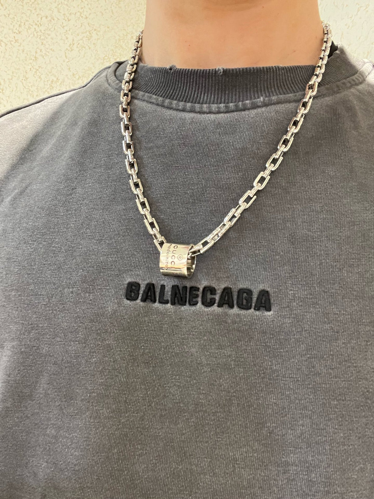 Double-G Emblem Pendant Necklace in Polished Metal-Tone – Design 088 styled product view
