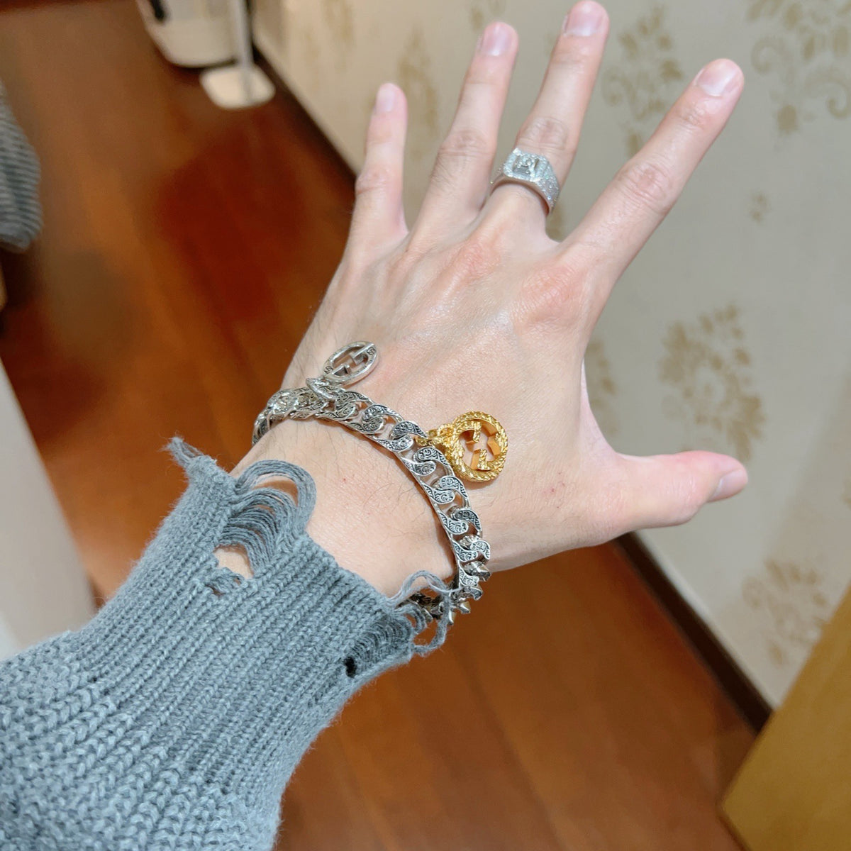 Geometric Emblem Bracelet in Polished Metal-Tone – Design 038 detail view