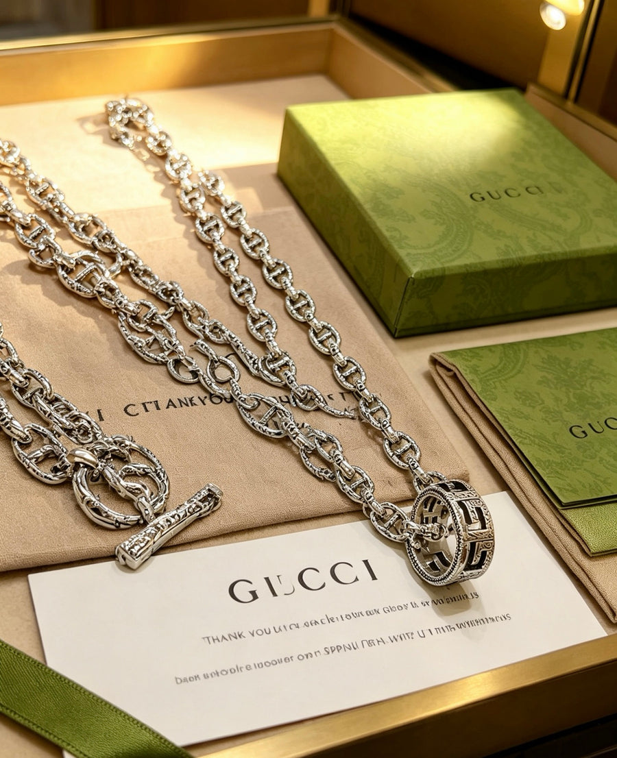 Double-G Emblem Pendant Necklace in Polished Metal-Tone – Vintage Detail – Design 054 main product view