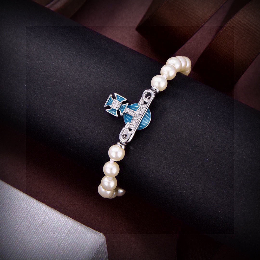 Orb Bracelet in Polished Metal-Tone – Pearl Detail – Design 006 front product view